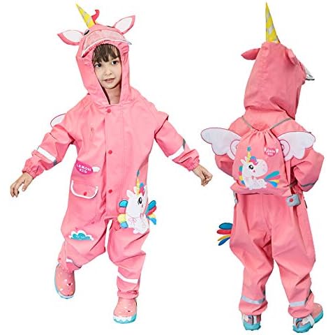 JinBei Girls Waterproof Suit Kids Puddle Suits Hooded All in One Rainsuits Pink One Piece Easy to Dry Rainwear Breathable Transparent Hat Reflective Stripes Cute 3D Animal Pattern Raincoats 4-6 Years Cover