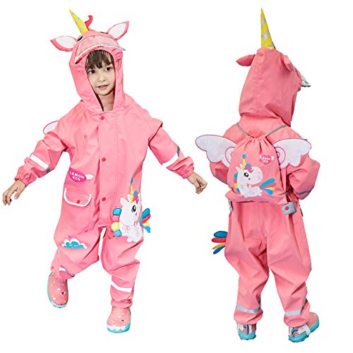 JinBei Matschanzug Mädchen, Kinder Regenanzug Regenjacke Einhorn 3D Regenmantel mit Kapuze Tasche Regenkleidung Overall Wasserdicht Atmungsaktiv Leicht Matschanzug 4-6 Jahre, Rosa Rot