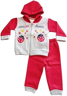 بيجامة أطفال بيبي شتوي قطن - مطرز - بناتي - به غطاء رأس – لون أحمر (0-6 شهور)