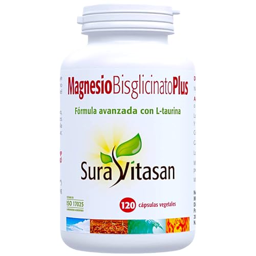 Sura Vitasan Magnesio Bisglicinato Plus 120 Cápsulas Vegetales - 150mg de Magnesio Elemental con L-Taurina - Alta Absorción y Biodisponibilidad - Relax Muscular, Descanso y Sistema Nervioso