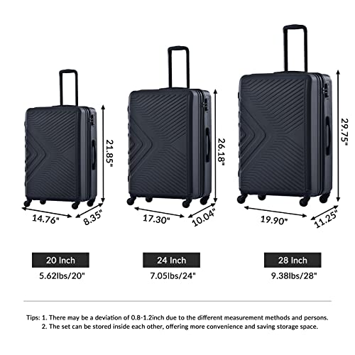 3 Piece Luggage Sets ABS Lightweight Suitcase with Two Hooks, Spinner Wheels, TSA Lock, (20/24/28) Black2