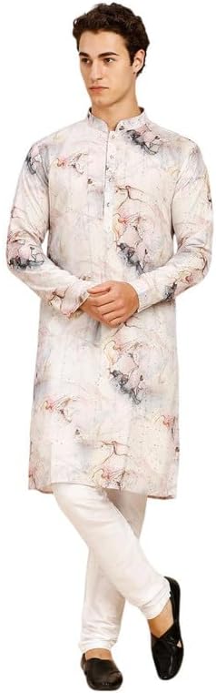 KOMPANION Regular Fit Chinese Collar Kurta with Full Lining for Men | Marble Print, Abstract Print, Geometric Print