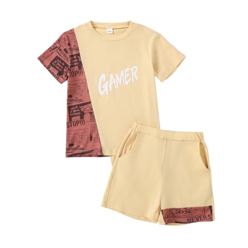 Image of OLMRJKD Boys 2 Piece Outfits Short Sleeve Colorblock T-shirt and Shorts Summer Casual Clothes for 6-12 Years