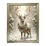 Vintage Framed Reindeer Wall Art Winter Canvas Print Home Decor Deer Picture Painting Christmas Decorations