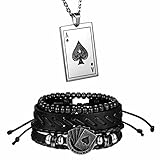 Aroncent 2 Pcs Stainless Steel Ace of Spades Necklace Multi-Layer Wood Beads Braided Leather Cool Bracelet Poker Jewelry Set for Men