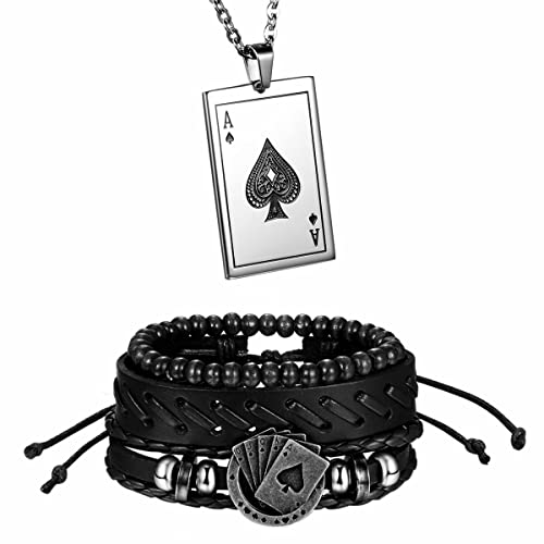 Aroncent 2 Pcs Stainless Steel Ace of Spades Necklace Multi-Layer Wood Beads Braided Leather Cool Bracelet Poker Jewelry Set for Men