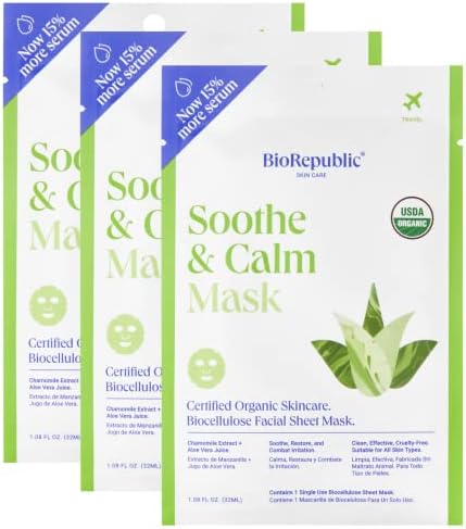 BioRepublic Soothe & Calm Organic Facial Sheet Mask | Hydrates, Brightens, & Nourishes Skin | Organic Biocellulose Masks for a Soothing Facial Experience | Pack of 3