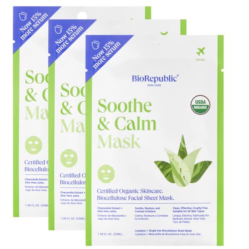 Biorepublic Soothe & Calm Organic Facial Sheet Mask | Hydrates, Brightens, & Nourishes Skin | Organic Biocellulose Masks For A Soothing Facial Experience | Pack Of 3 #TOP3