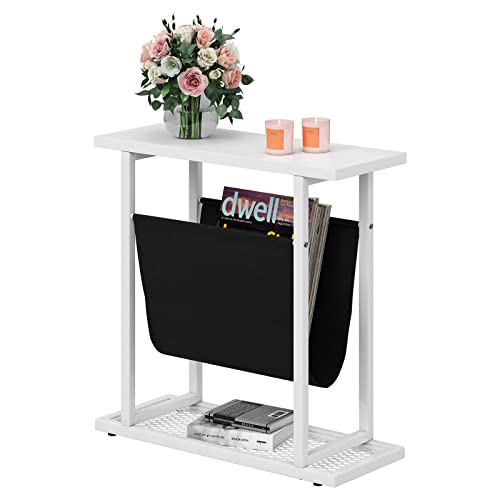 Jehiatek Narrow Side Table with Fabric Storage Organizer Holder, Small Sofa End Table, Bedside Slim Side Tables for Living Room, Bedroom, Space Saving, White