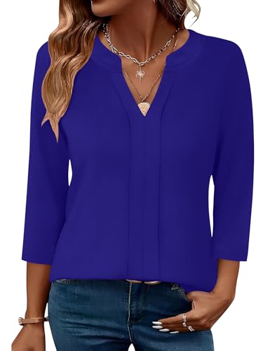Micoson Womens Blouses Dressy Casual Three Quarter Sleeve Tops Woman Cute 3 4 Sleeve V Neck T Shirts for Women Work Loose Tunic Tops Deep Blue L
