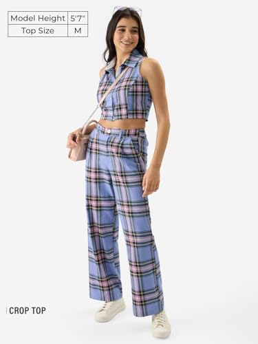 Image of The Souled Store Lilac Blossom Women and Girls Sleeveless Collared Neck Slim Fit Checkered Cotton Cropped Tops