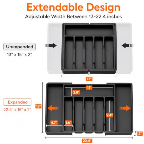 Image of Large Silverware Drawer Organizer, Expandable Utensil Tray for Kitchen, BPA Free Flatware and Cutlery Holder, Adjustable Plastic Storage for Spoons Forks Knives (Black, 8 Drawer-Pack Of 1)