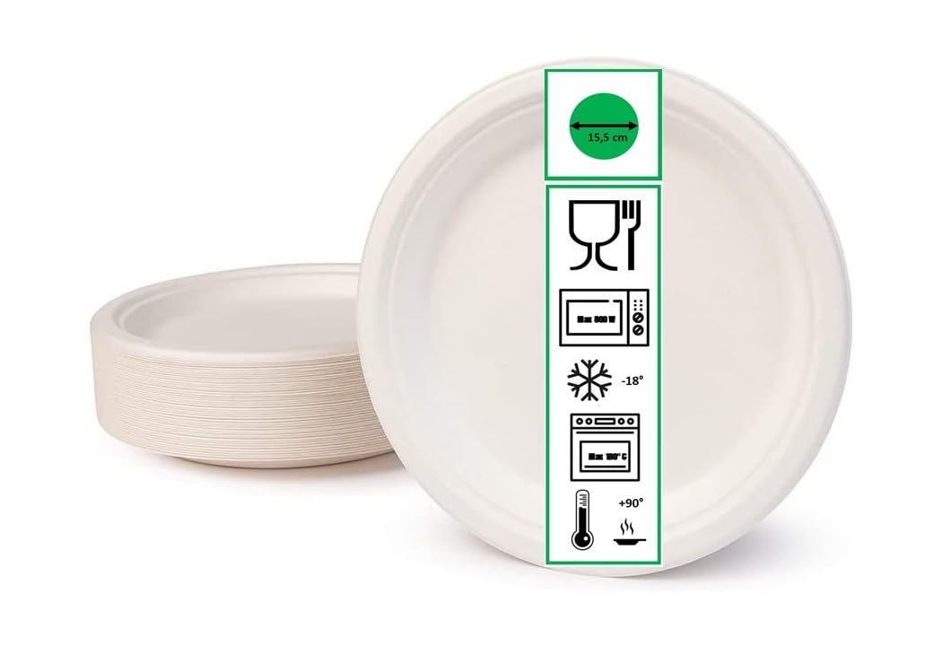 100/500 / 1000 Piatti Piani Tondi diametro 15 cm Piatto carta bianco bagassa biodegradabile rigido monouso in fibra vegetale feste piattino antipasti torta compleanni (1000)