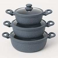 Tris Tegami Bavaria in pietra lavica antiaderenti 3 Padelle + 3 Coperchi Pietra Lavica 20-24-28cm, in Pietra Lavica, Adatto a piano a Gas e a Induzione, Padelle e Coperchi (Grigio)