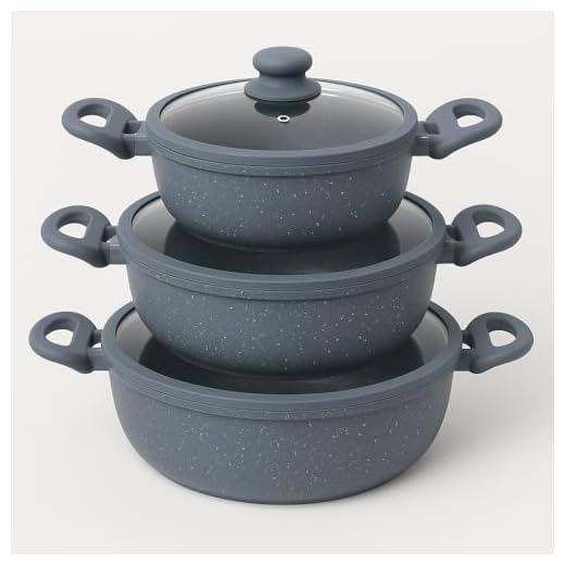 Tris Tegami Bavaria in pietra lavica antiaderenti 3 Padelle + 3 Coperchi Pietra Lavica 20-24-28cm, in Pietra Lavica, Adatto a piano a Gas e a Induzione, Padelle e Coperchi (Grigio)