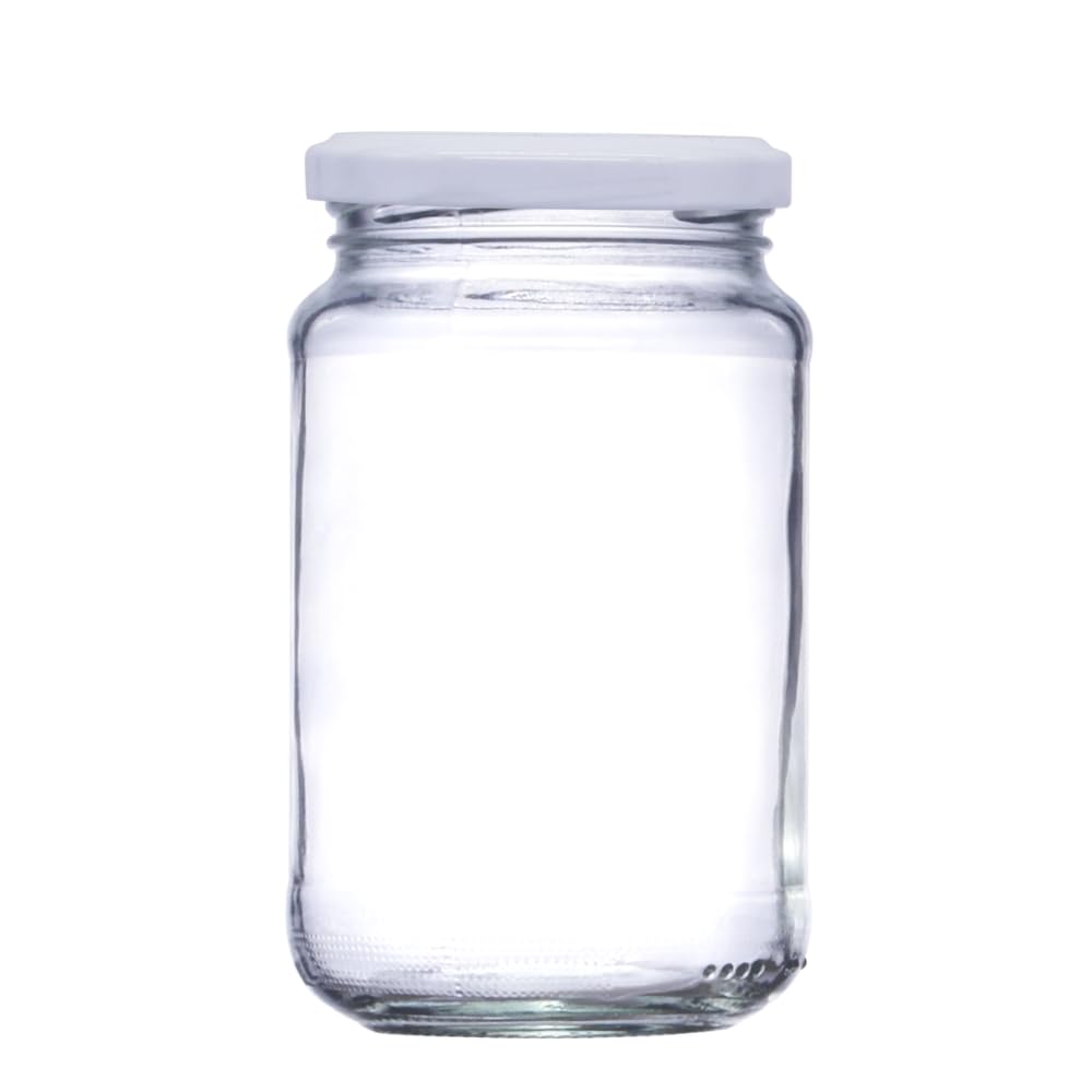 12oz Traditional Glass Jam Jars (296ml), Jar for Preserves, Marmalade, Honey, Chutney & Curds (White Lid, Pack of 100)