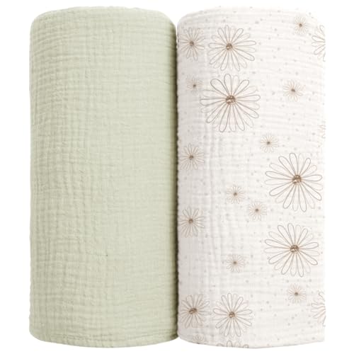 Image of lulumoon Muslin Swaddle Blankets for Baby: Cotton & Soft Receiving Blanket for Newborn with Flower Printed- Neutral Gift for Baby Shower 2pack(GreenDaisy)