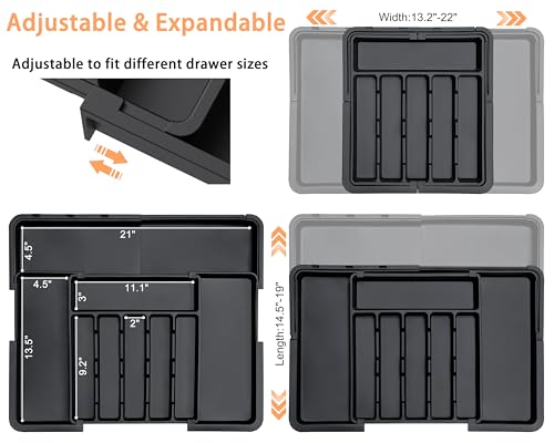 Silverware Organizer Expandable Kitchen Utensil Drawer Organizer Large BPA Free Adjustable Cutlery Silverware Tray for Spoons Forks Knives Storage Divider for Kitchen Flatware 6-9 Slots Black