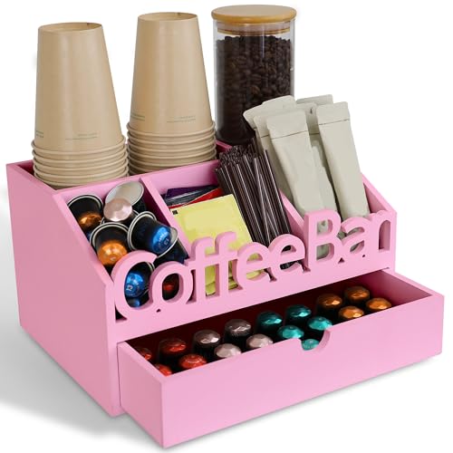 ADDFIT HOUSE Coffee Bar Organizer for Countertop – Wooden Coffee Station, Tea and K Cup, Condiment Storage Rack, Coffee Pod Holder for Home and Office Counter Organization (Drawer - Pink)
