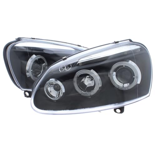 XYZ Parts Projector Upgrade Headlights Black Inner With Twin Angel Eyes Halo Compatible With VW Golf Mk5 2003-2009 Boxed Pair Replacements