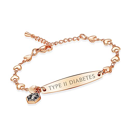 Pulsera de alerta médica de oro rosa con corazón para mujer, de 6,5 pulgadas, metal Cover