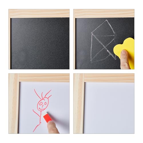 Relaxdays Kindertafel 2 in 1, Kreide- & Magnettafel, höhenverstellbare Standtafel mit Zubehör, Holztafel Kinder, natur