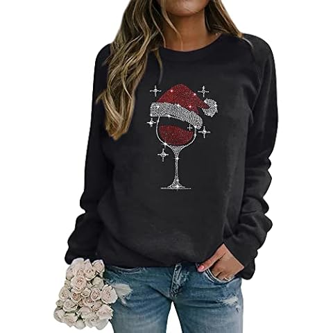 Dresswel Women Bling Bling Wine Glasses Christmas Sweatshirt Rhinestones Sparkly Glitter Santa Hat Xmas Jumpers Crew Neck Long Sleeve Pullover Tops Cover