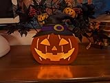 BlcTec Halloween Pumpkin Lights, 10 inch Lighted Big Jack-O-Lantern with Maple Leaves, Berries, Twigs, Witch's Hat, Battery-Operated Premium Wood Pumpkin Built-in Timer for Halloween Decorations