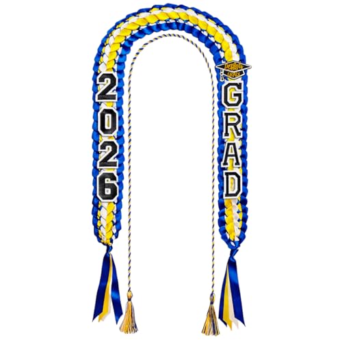 Image of Yigney Graduation Lei Set Class of 2026 Grad Ribbon Leis with Honor Cord Double Braided Graduate Leis for Men Women (1, Blue Gold White)