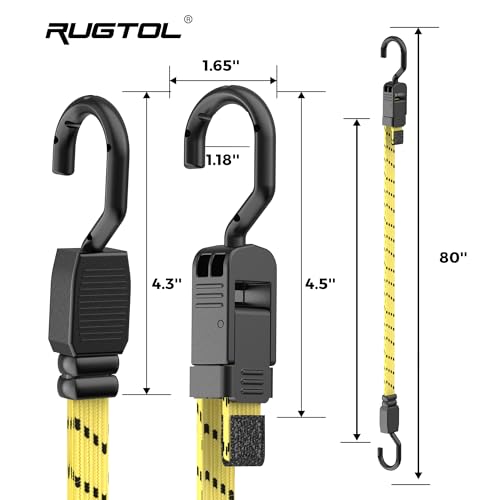 Image of Rugtol Bungee Cords with Hooks, 80 Inch Long Adjustable Flat Bungee Straps with Upgraded Quick Release Buckle, Yellow Black Easy Adjust Elastic Cords with Metal Hooks for Outdoor, Bike, Tarp, 6 Pack