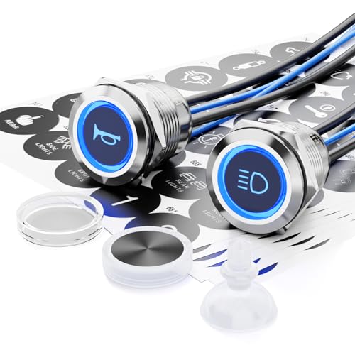 Image of 2PCS 19mm LED Momentary Push Button Switch 12V 24V IP67 Blue | Stainless Steel 20A with 185 Replaceable Symbols Marine Boat, Engine Start, Horn, Momentary Control
