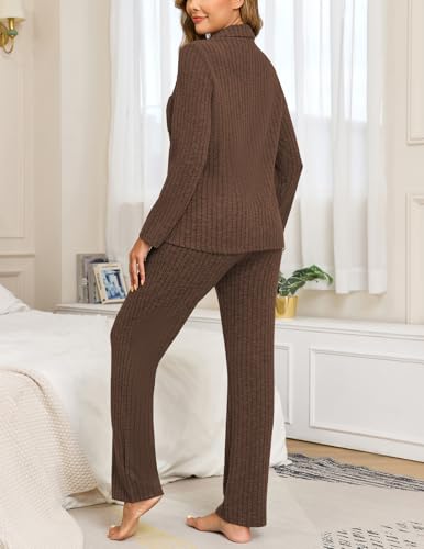 Image of Veseacky Women's Ribbed Knit Pajamas Set 2 Piece Warm Soft Loungewear Sleepwear Pjs S-XXL