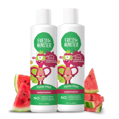 Fresh Monster 2-in-1 Kids Shampoo & Conditioner, Toxin-Free, Hypoallergenic, Tear-free Shampoo & Conditioner for Kids, Watermelon (2 Pack, 8.5oz/each)