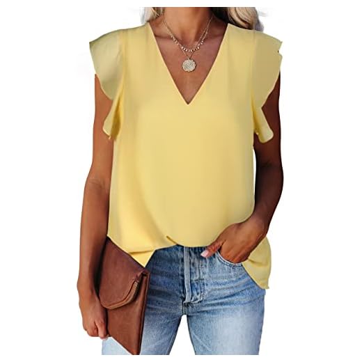 Alice CO Women's Chiffon Cap Sleeve V Neck Blouse Shirts Casual Flowy Tank Tops L Yellow