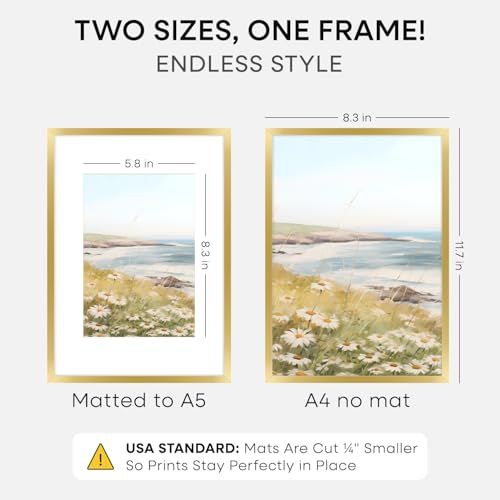 Image of Homeforia A4 Gold Picture Frame, High-End Metal, A5 Mat, Glass | High End Aluminum, Tempered Glass, Acid-Free A5 Removable Mat, A4 Edge-to-Edge Display, Wall Kit, Set Of 2