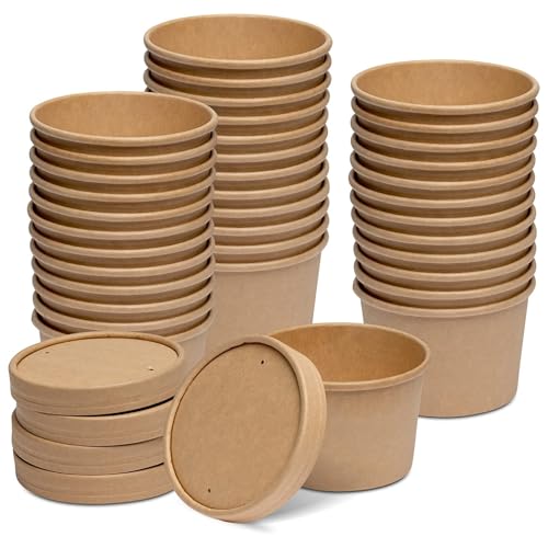 CaterCo Disposable Kraft Soup Containers with Lids - (8oz / 240ml - 50 Pack) - Brown Paper Takeaway Paper Soup Cups, Microwave & Freezer Safe Ice Cream Container, Eco-Friendly (8oz / 240ml - 50 Pack)