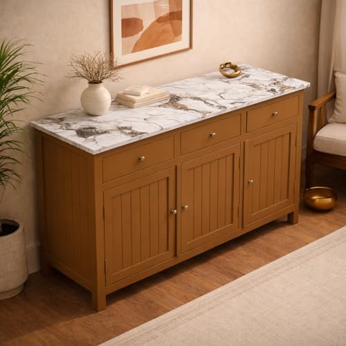 Image of Madrid Solid Wood Sideboard Cabinet with Sintered Stone Top for Living Room | Premium Acrylic Terracotta Brown | 130x40x80 cm