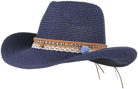 GEMVIE Cowboy Cowgirl Floppy Sun Hat Fedora Straw Wide Brim Bucket Beach Cap Navy Blue 58cm
