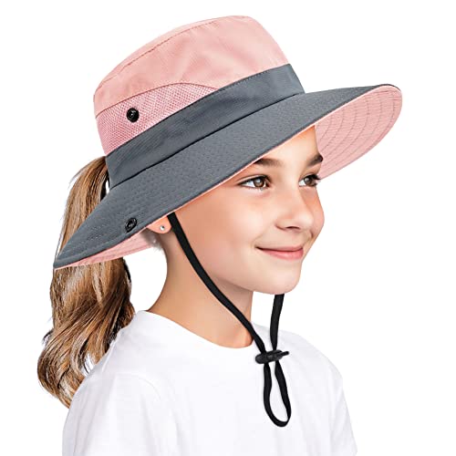 Zando MNFUXTY125S4567A031P Kids Fishing Bucket Hat With Ponytail Hole Upf 50+ Girls Sun Hat Wide Brim Kids Sun Protective Hats Adjustable Safari Hats cover