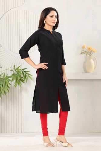 Image of DARIKA Women's Solid Straight Kurta with 3 /4 Sleeves | Front Button Placket | Comfortable Plus Size Ethnic Wear Kurti for Casual
