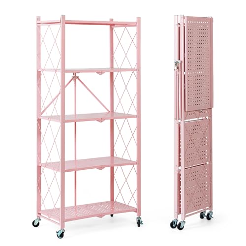 Image of BRIAN & DANY 5-Tier Foldable Storage Shelves with Wheels, Folding Metal Rack Shelving Unit, Heavy Duty No Assembly Organizer Shelf for Garage, Kitchen, Basement, Pantry, Pink
