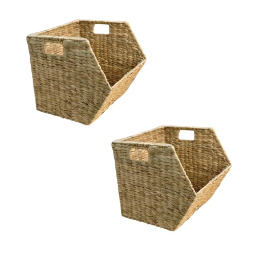 Wicker Stackable Storage Basket 15x15x13 Set of 2, Heavy Duty Hyacinth Storage Baskets with Built-In Handles for Toys, Books, Kitchen, Office & Home Organization(water hyacinth)