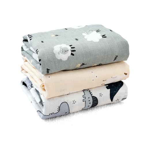 Image of Muslin Swaddle Blankets for Baby Boys and Girls,3 Pack Breathable Soft Receiving Blanket,Large 43.3X 43.3 inches,Newborn Essentials Must Haves(Animal)