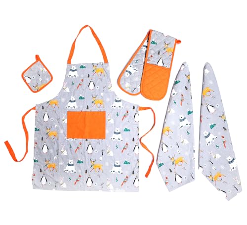 Olivia Rocco Kitchen Sets Apron Double Oven Gloves Towel Set Heat Resistant Oven Mitts Pot Holder for Home Kitchen Baking and Cooking Pack of 5, Winter Animals