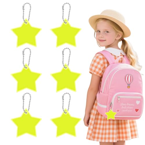 JUGUTA Sicherheits Reflektor Anhänger, 6 Stück Stern Reflektoren Kinder Anhänger Für Rucksack Schulranzen, Reflektierende Schlüsselanhänger Für Schultasche Rucksack Radfahren Gehen Laufen