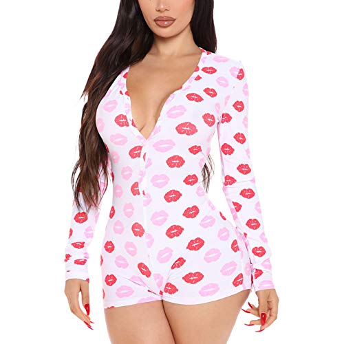 RUEWEY Womens Sexy Onesie Pajama with Butt Flap Long Sleeve V Neck Bodycon One Piece Romper Sleepwear (Pink Lips M)