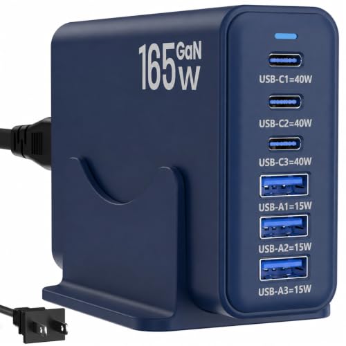 Image of 165W Charging Station, 6 Port Desktop Charger, 3 Ports 40W Blue