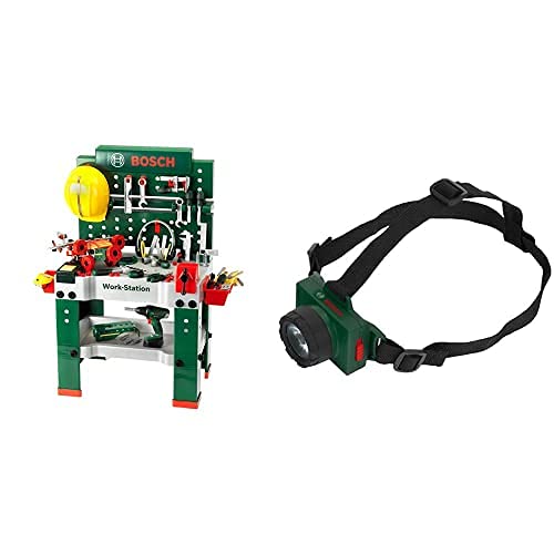 Theo Klein 8485 Banco De Trabajo, 150 Piezas, Incluye Destornillador Eléctrico, Set De Construcción+- Bosch Linterna De Cabeza, Juguete, Multicolor (8758)