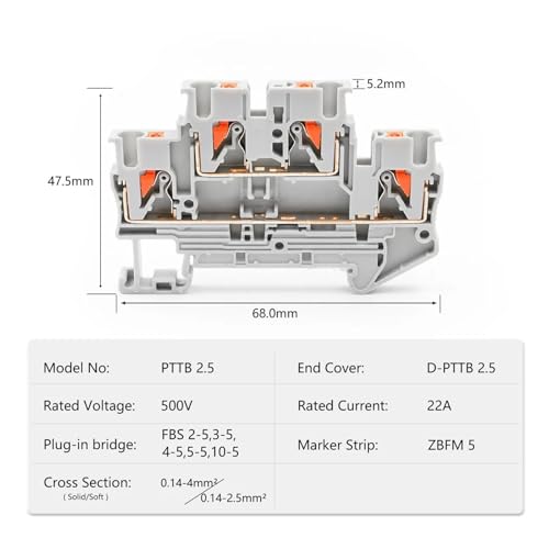 Bloques de terminales PTTB2.5 de inserción rápida para cable de 2,5 mm² de doble capa 4