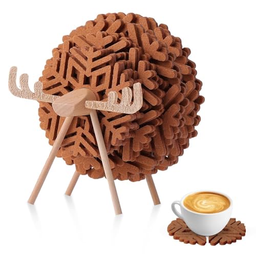 yotutun Sottobicchieri in Feltro, 12pcs Sottobicchieri con Fiocchi di Neve con con Rastrelliera in Legno antiscivolo resistenti al calore Sottobicchiere Natale per la Decorazione Della Tavola